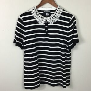 NWT Karl Lagerfeld  Black & White stripe short sleeve sweater crochet collar LG